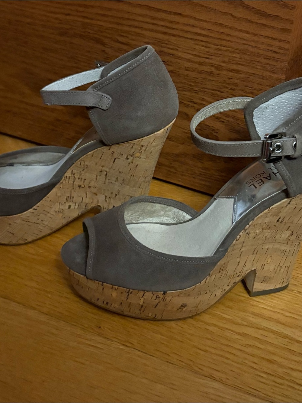 Michael Kors Platform Wedge Heel Sandal, Tan Taupe Suede, Cork Heel Shoe